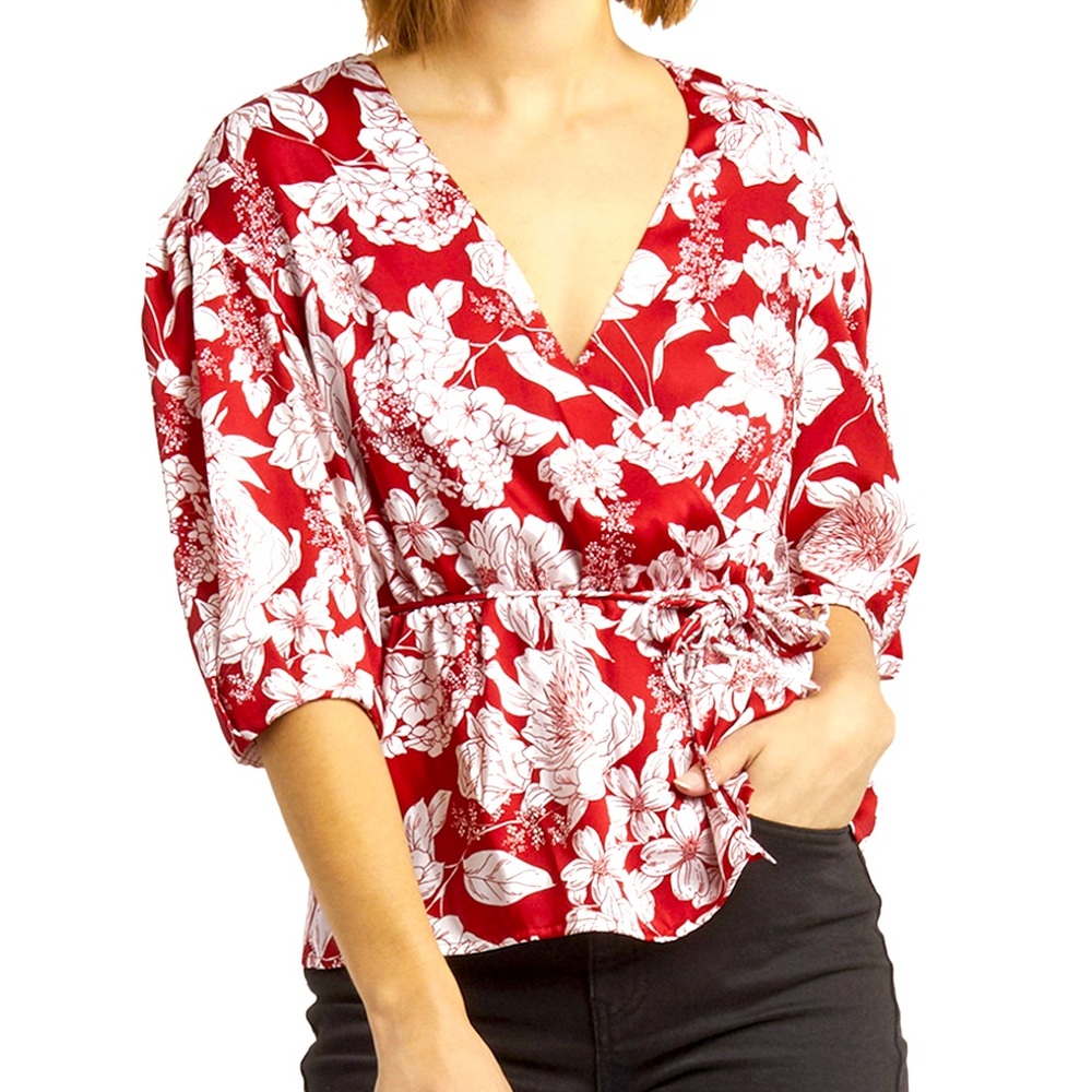 🎉Rebecca Minkoff wrap blouse red w/white floral pattern size XS